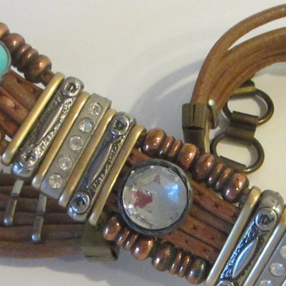 Western Style Tan Leather Belt Native Beaded Turquoise Rhinestones Cabochons main image 12